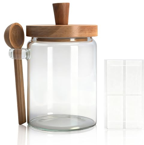 KQDRAVINE Tarros Herméticos, Tarro de Cristal Premium 550ml con Tapa de Madera y Cuchara, Tarros Cocina Cristal para Café, té, Cereales, Tarro Especias Elegante con Etiquetas