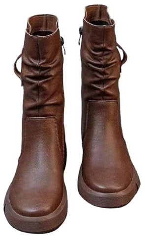 Stivali Donna Pelle con Fibbie Metalliche Eleganti Ginocchio Stivaletti Tacco Medio Scamosciata Marrone Casual Rilassato Stivali per Serate E Vacanze