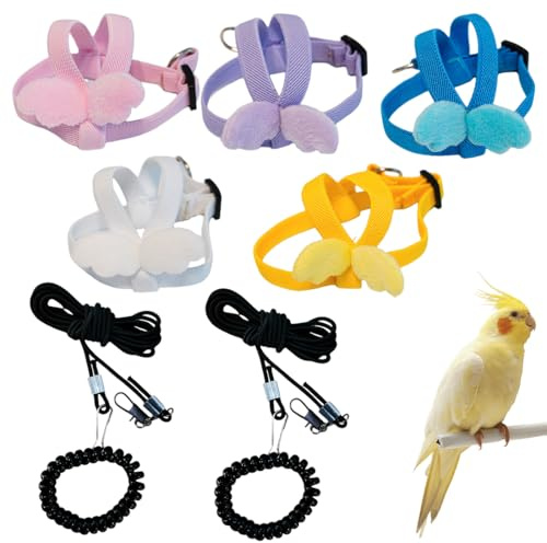 PYEUIFT Papagei Geschirr 5er Set Verstellbares Vogelgeschirr Flugtraining Mit Leine Für Kleine Vögel Papageien Wellensittich Training Harnais Puffy Sicherheitsgeschirr Für Vögel