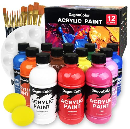 DagouColor 27 PCS Pintura Acrílica Set- 12 Colores * 250ml Acrílico Pigmentos, 12 Pinceles, 1 Paleta, 2 Esponjas, Suministros de Arte de Calidad, Regalos Para Artistas Principiantes en Lienzo, Rocas