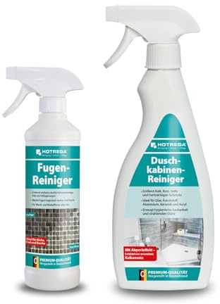 HOTREGA Badreiniger Set | Fugenreiniger & Duschkabinenreiniger | 2 x 500ml | Gegen Kalk, Fett, Seifenreste | Abperleffekt für Glas & Kunststoff | Säurefreie Reinigung von Wand- und Bodenfliesen