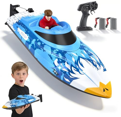 Eirolace Fernbedientes RC-Boot 25 km/h - Wasserdichtes Hochgeschwindigkeits-Rennboot mit 2 Akkus & 2,4 GHz Fernbedienung für Pool, See und Teich - Für Kinder und Erwachsene (Blau)