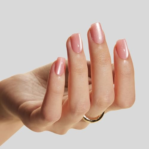 LAMIMOSA 32Pcs Pink Coral Press On Nails Short Square, PEACH GLOW | Sparkly Cat Eye False Nails, 16 Sizes, All-In-One Nail Kit with Glue & Adhesive Tabs, 2 Weeks Wear, Chip-resistant, Reusable