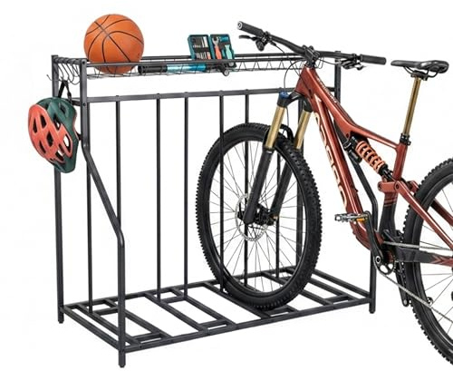 Relaxdays Fahrradständer Boden, 4 Fahrräder, Flexible Reifenbreite, Korb & 6 Haken, Mehrfachständer verstellbar, schwarz
