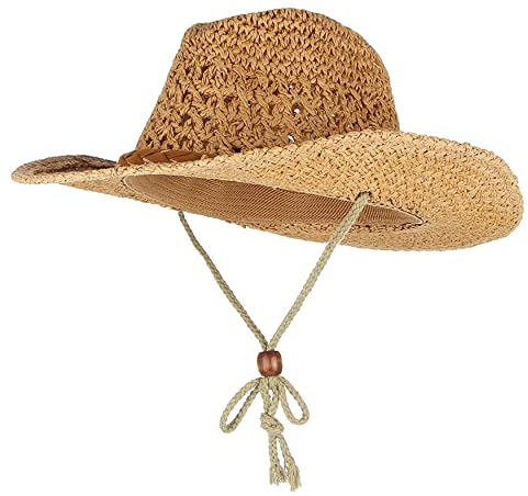 GEMVIE Sombrero vaquero occidental de paja para bebés y niños pequeños, ala ancha con correa para la barbilla, Caqui, talla única