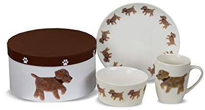 Kindergeschirrset Frühstücksset Labradoodle Golden Retriever Hund Motiv 3 teiliges für Kinder aus Porzellan bestehend aus Teller, Müslischale & Tasse spülmaschinen-und mikrowellegeeignet Porzellanset
