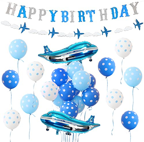 Flugzeug Geburtstag Dekorationen für Jungen blau Vintage Flugzeug Ballons Glitter Happy Birthday Banner Girlande für Wolke Flugzeug Thema Geburtstag Party Baby Dusche Dekorationen Zubehör