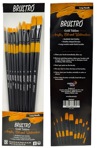 BRUSTRO Artists Gold Taklon Set Of 10 Brushes For Acrylics, Oil And Watercolour. Gold Taklon Set of 10