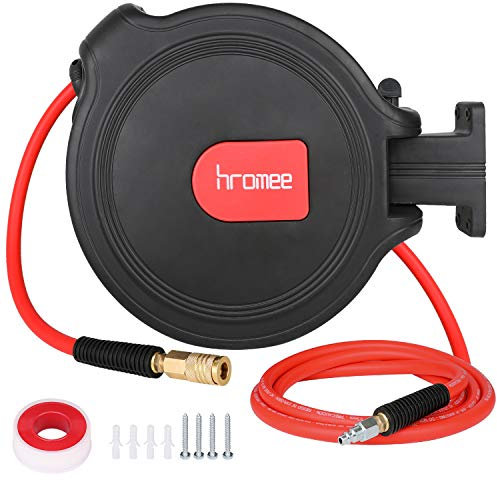 Hromee Dévidoir de tuyau pour compresseur d'air avec enrouleur automatique enrouleur 3/8 × 50 pieds Tuyau pneumatique hybride, raccords et support de montage pivotant MAX. 300PSI