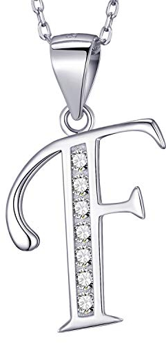 MASADA 925 Silber Buchstaben-Halskette - Initialen-Anhänger mit Zirkonia-Steinen - Buchstabe F - 46 cm Kette mit Samtbeutel