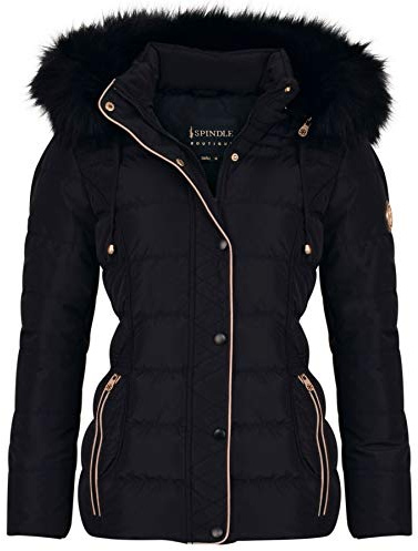 Spindle Womens Ladies Premium Quality Hooded Short Fur Parka Quilted Padded Puffer Coat | Zip Side Pockets | Luxurious Detachable Faux Fur on Hood | Zipped Inner Pocket