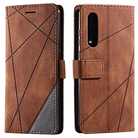SONWO Hülle für Huawei P30, Premium Leder PU Handyhülle Flip Case Wallet Silikon Bumper Schutzhülle Klapphülle für Huawei P30, Braun