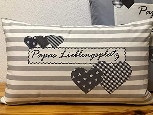 Landhausstil Kissenbezug *Papa`s Lieblingsplatz* grau/weiß gestreift mit Herzen