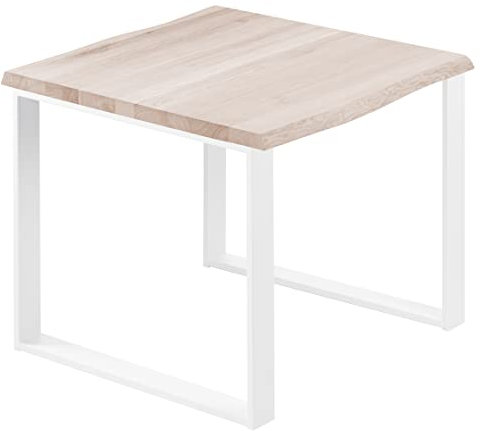 LAMO Manufaktur Esstisch Küchentisch Schreibtisch Couchtisch aus Massivholz, mit Baumkante 60x60x76 cm (AxBxH), Modern, Roh/Weiss, LBB-01-A-001-9016M