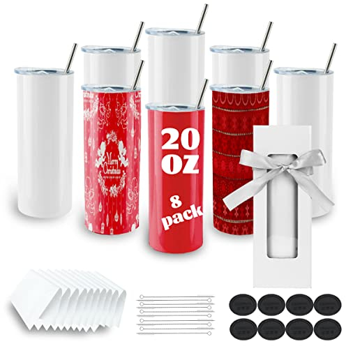 8 Pack Straight Sublimation Tumblers bulk 20 oz Skinny,Stainless Steel Double Wall Insulated Tumbler Cups Blank White with Lid, Straw, Individually Boxed,Polymer Coating for Heat Transfer