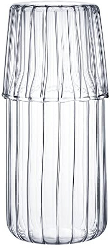 Sizikato Carafe à eau de nuit en verre transparent rayé de 425 ml avec gobelet.