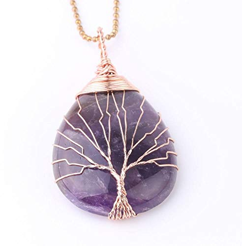 &ET Crystal Necklace, Golddraht Umwickelter Baum des Lebens Naturedelstein Tropfenform Amethyst Heilende Kristallkette Mit Goldkette für Frauen Männer