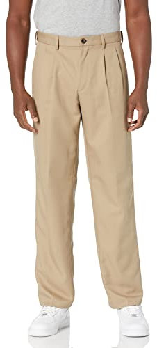 Amazon Essentials Pantalon Habillé à Pinces à Taille Ajustable Coupe Classique Homme, Brun Kaki, 54W / 32L