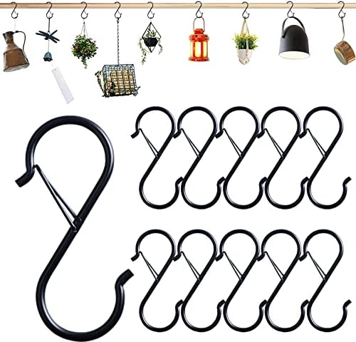 Swatowot® 10 Stück Sicherheitsschnalle Design S-Haken 9cm S-Haken zum Aufhängen von S-förmigen Haken für Utensilien und Schrankstange, schwarze S-Haken zum Aufhängen von Pflanzen, Töpfen und Pfannen
