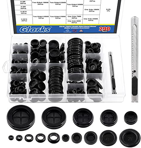 Glarks 291Pcs Rubber Grommets Set Including 110Pcs 5 Size One Sided Firewall Hole Plug & 60Pcs 5 Size Double Sided Rubber Grommets & 120Pcs 5 Size Hollow Rubber Gasket Assortment Kit & 1Pc Knife