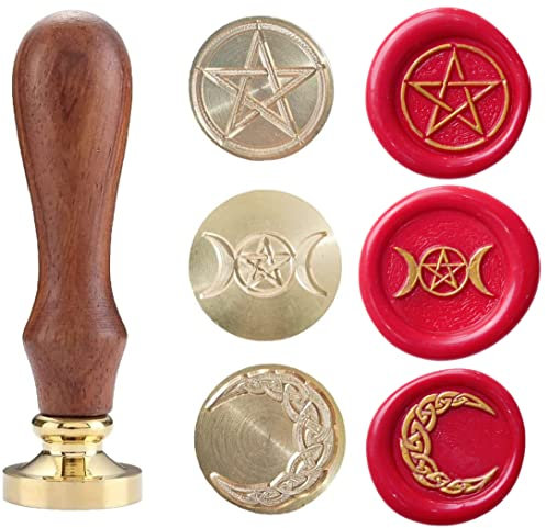 Pentagramtree Wachssiegelstempel-Set, Kupfersiegel mit Holzgriff, Vintage-Wicca- und keltischer Knoten-Designs (Pentagramm, Dreifachmond, Halbmond)