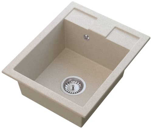 GRANITAN BEST Küchenspüle – Spüle aus Granit mit Siphon Chrom, Sieb und Imprägniermittel - Spülbecken mit 1 Becken – Einbauspüle 40x50 cm – Helles Beige