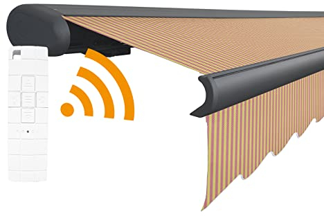 Arilco Elektrische Vollkassettenmarkise Kassettenmarkise Gelenkarmmarkise Markise Sonnenmarkise Sonnenschutz in vielen Farben und Größen wählbar in der Kassettenfarbe Anthrazit (5m x 3m, Karriert)