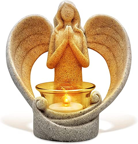 Tiamu Teelichter Kerzenhalter Statue, Engelsflügel Windlicht mit Glas, LED Teelichthalter, Betend Trauergeschenk, Christentum Kerzengläser, Grablampe, Kerzenhalter Ramadan Tisch