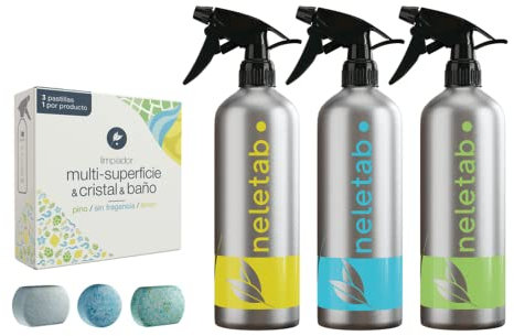 neletab - Starter Pack limpieza multiproducto. (3 Botellas aluminio, 3 Pastillas limpieza, 1 Limpiacristales, 1 Antical, 1 Multi-superficies).