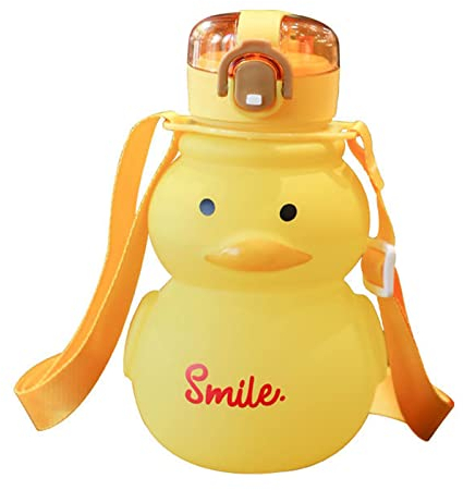 Merrwon Kawaii - Botella de agua de 650 ml, botella de agua de pato sin BPA, con popote y correa, taza portátil a prueba de fugas para mujeres y niños, deportes al aire libre, viajes