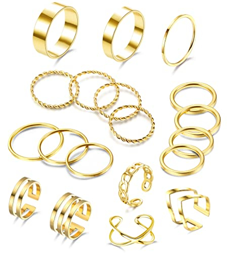 Adramata 19PCS Edelstahl Ringe für Frauen Knöchel Ringe stapelbar Ringe Silber/Gold Ringe Verlobungsring Damen Schmuck,G