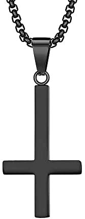 PAURO Mens Stainless Steel Black Inverted Cross Necklace Upside Down Pendant Charm with 24 Inches Chain Small