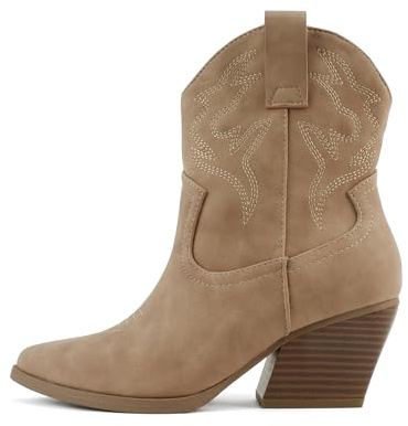 Soda “BLAZING” ~ Women Western Stitched Pointe Toe Low Heel High Top Ankle Shaft Boot Bootie (Taupe PU, us_footwear_size_system, adult, women, numeric, medium, numeric_8_point_5)