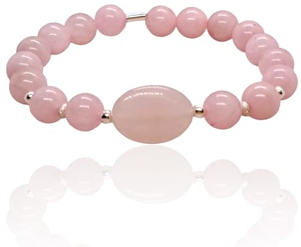I.L.U.S Damen Perlenarmband mit Edelstein Rosenquarz und 925 Sterling Silberperlen Naturstein Armschmuck Edelstein Schmuck Geschenke Teenagers Damen