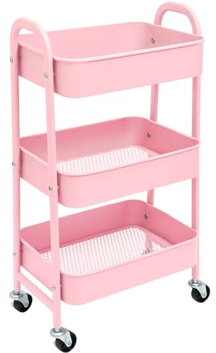 YUKOOL Versatile 3-Tier Metal Storage Trolley on Wheels - Space Saving and Durable Rolling Cart for Kitchen Makeup Bathroom Office, Pink