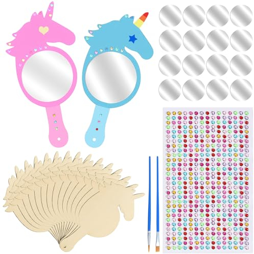 MILIAFLICK 16 Stück Einhorn Bastelset Einhorn Spiegel Holz Bastelset DIY Kindergeburtstag Basteln Holzspiegel Handwerk für Mädchen Geburtstagsdeko Mitgebsel Geschenk Party