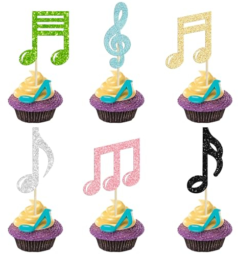 24Pcs Music Notes Cupcake Toppers Glitter Musical Symbol Cupcake Pick Decorations for Kids Birthday Baby Shower Wedding Birthday Party Supplies Multicolor