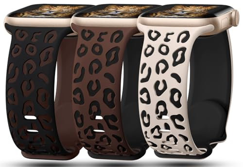 BK-CFBK-SLBK Armbänder mit Leoparden-Gravur, kompatibel mit Apple Watch, für Damen, 42 mm, 44 mm, 45 mm, 46 mm, 49 mm, weiches Silikon, Gepardenprägung, Sportarmband für iWatch Serie 10, 9, 8, 7, 6,
