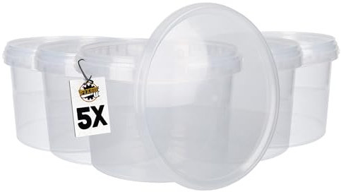 5 cubos con tapa, 3 litros, redondos, transparentes, de plástico, aptos para alimentos, herméticos y estables, vacíos con asa y tapa, aptos para productos químicos y adhesivos en polvo