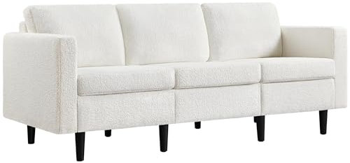 Yaheetech 3 Seater Sofa, Modern Fabric Couch, Upholstered Settee, Sectional Sofa for Living Room, Guest Room, Bedroom, Office, Ivory