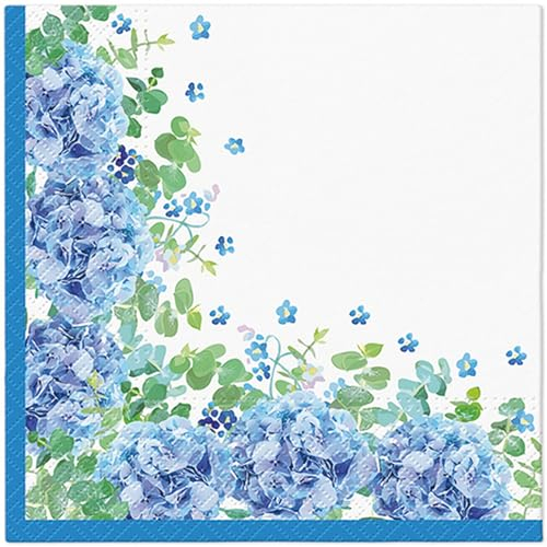 Lot de 20 serviettes en papier avec motif floral, jardin et nature hortensias bleus comme décoration de table Convient également pour le découpage et la technique des serviettes 33 x 33 cm