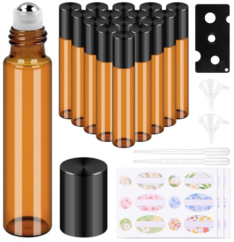 BELICOO 15 Pcs Essential Oils Roller Bottles, 10ml Amber Roller Bottles for Essential Oils Set with Stainless Steel Ball for Essential Oils, Perfumes, Cosmetics, Aromatherapy Massage (Black lid)