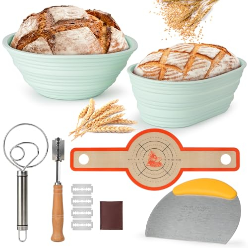 HUIJUTCHEN Sourdough Bread Baking Supplies, Sourdough Starter Kit 9 inch Round & 10 Oval Silicone Bread Basket with Silicone Bread Sling, Bread Lame, Bread Whisk, Dough Cutter & Oil Brush