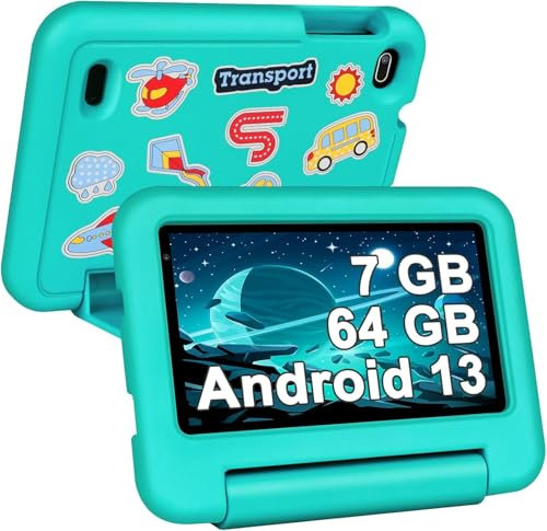 SEBBE Tablet bambini 7 pollici Android 13, Quad Core 7 GB RAM + 64 GB ROM(TF 1 TB), Tablet educativo con certificato GMS, controllo genitoriale, WiFi, Bluetooth, tablet con custodia anti-caduta, verde