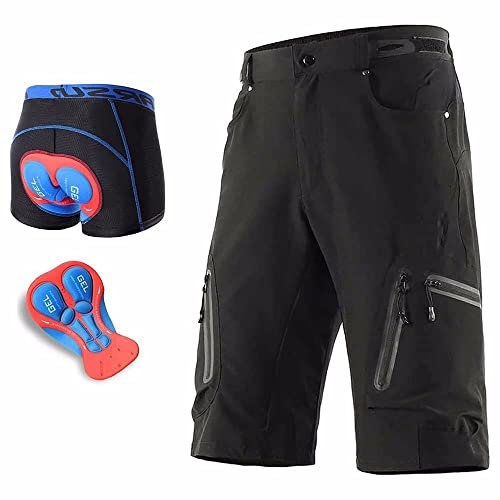 SMTSEC MTB Hose Herren Kurz Gepolstert Baggy Radlerhose Herren Downhill Mountenbike Fahrradhose Herren Mit 5D Gel Fahrradunterhose Schnelltrocknende Atmungsaktiv Fahrradhose Männer Radhose,Black-XL