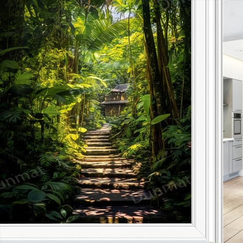 Mystic Jungle Fensterfolie Sichtschutzfolie, Rustikaler Stein Tropical View Sichtschutzfolie Dekorfolie für Hausfenster und Glastür, Solarblock, 45 x 60 cm