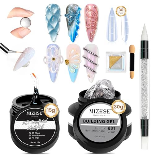MIZHSE 30G Clear Solid Builder Gel und 15G 3D Sculpting Gel All-in-1 Kit für 3D Gels Nail Art, Nails Extension, Rhinestone Glue, Modelliergel Nägel mit Chrome Nails Powder für N ail Charms 2PCS