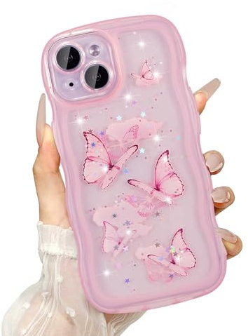 UEEBAI Wave Case for iPhone 15, Cute Bling Butterfly Case for Girl Women, Pretty Glitter Sparkle Stars, Clear Curvy Protective Shockproof Bumper Phone Cover - Pink