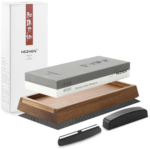 HEZHEN Pietra Affilacoltelli Professionale, Pietra per Affilare al Corindone Bianco, Doppia Faccia Grana1000/5000, con Guida Angolare, Base in Legno, Pietra per Sppiattire
