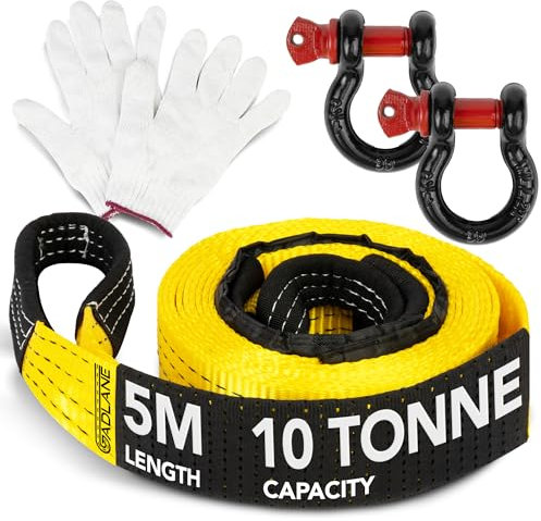 GADLANE Corda di traino ad alta visibilità, 5 m, capacità 10 tonnellate, cinghia di traino con borsa e guanti, colore: giallo